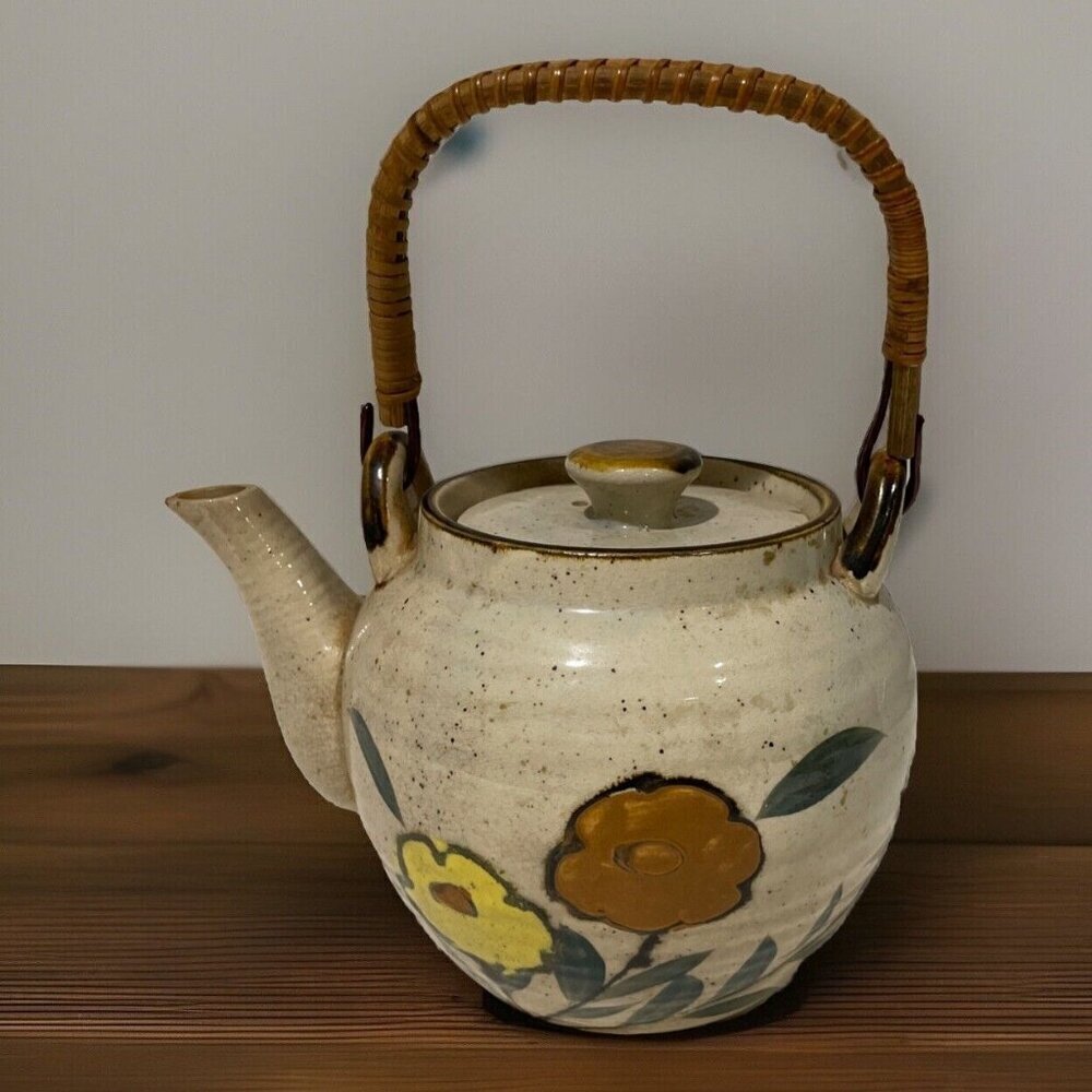 Vintage Otagiri Stoneware Teapot Bamboo Handle Flowers Yellow Orange